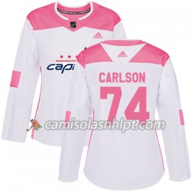 Camisola Washington Capitals John Carlson 74 Adidas 2017-2018 Branco Rosa Fashion Authentic - Mulher